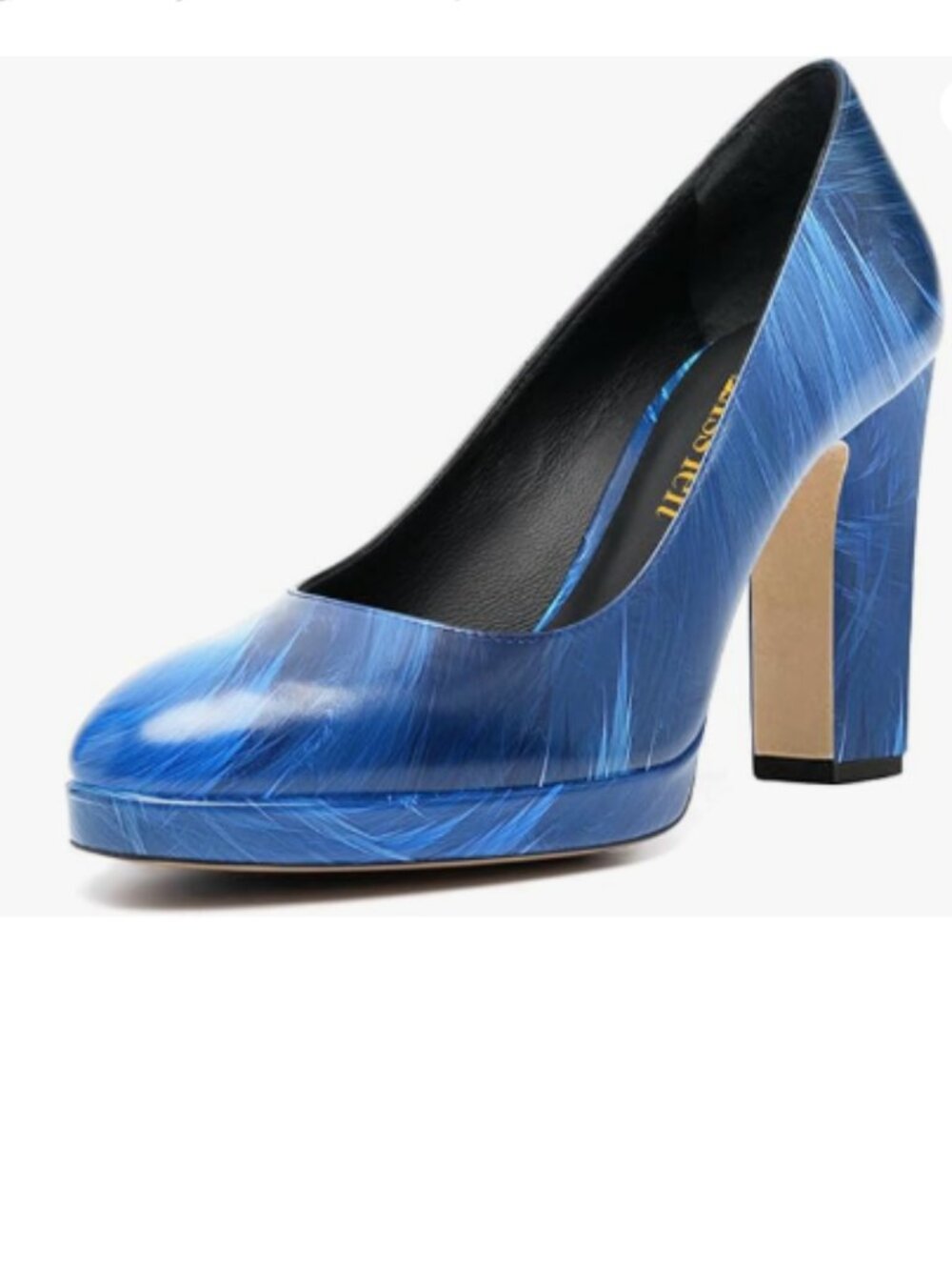 miss left Blue Platform Closed Almond Toe Pumps Classic Slip On Block Heels Shoe